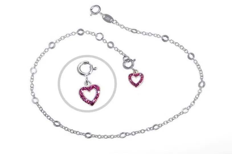 Fußkette Erbse 2mm mit Schliff und Anhänger Herz rot - 925 Silber mit Anhänger Herz rot