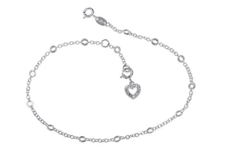 Fußkette Erbse 2mm mit Schliff und Anhänger Herz weiß - 925 Silber mit Anhänger Herz weiß