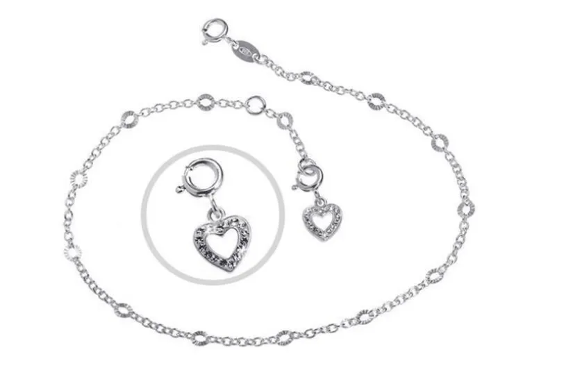Fußkette Erbse 2mm mit Schliff und Anhänger Herz weiß - 925 Silber mit Anhänger Herz weiß