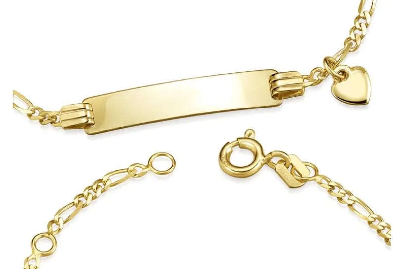 Kinder-Gravurarmband Figaro 2mm mit Herzanhänger - 333 Gold