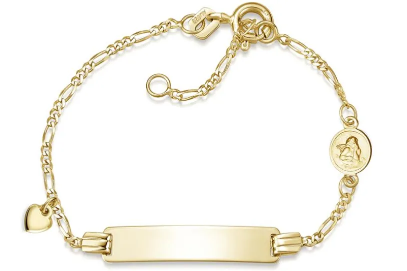 Kinder-Gravurarmband Figaro 2mm mit Herzanhänger und Schutzengel - 333 Gold