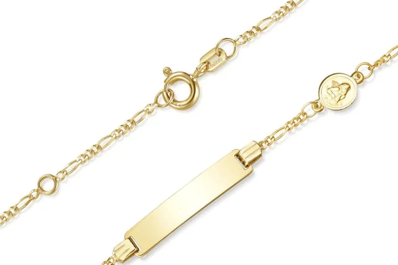 Kinder-Gravurarmband Figaro 2mm mit Herzanhänger und Schutzengel - 333 Gold