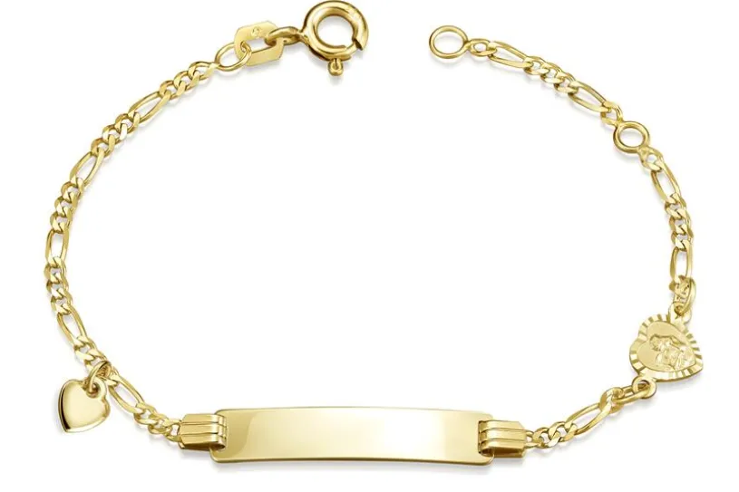 Kinder-Gravurarmband Figaro 2mm mit Herzanhänger und Schutzengel Herz - 333 Gold